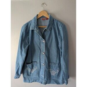 Vintage Embroidered Denim CHORE Coat Jacket Cottagecore Coastal Grandma Sz Large